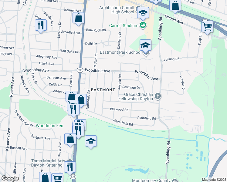 map of restaurants, bars, coffee shops, grocery stores, and more near 1622 Seabrook Road in Dayton
