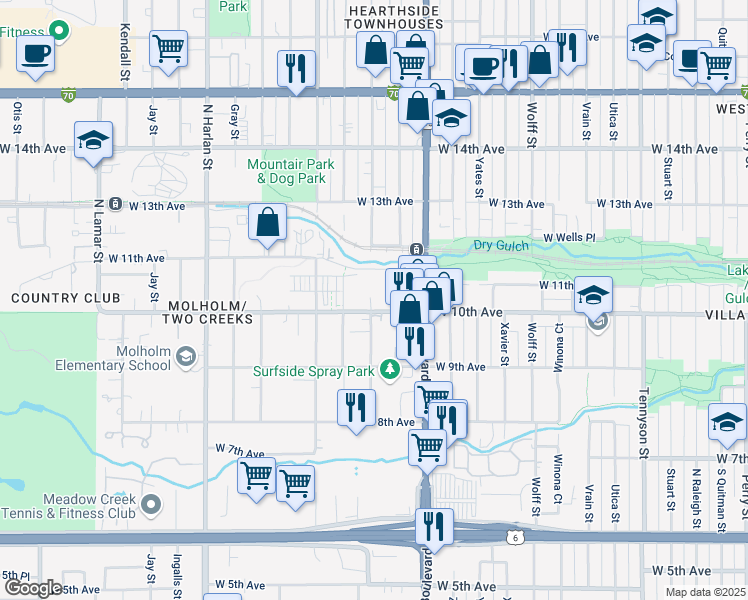 map of restaurants, bars, coffee shops, grocery stores, and more near 5375 West 10th Avenue in Denver