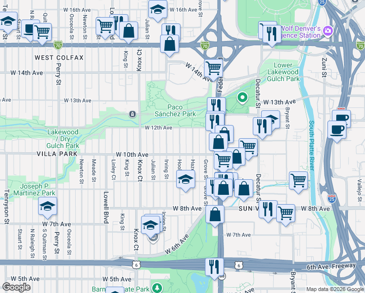 map of restaurants, bars, coffee shops, grocery stores, and more near 1032 Hooker Street in Denver