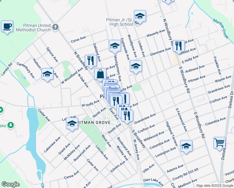 map of restaurants, bars, coffee shops, grocery stores, and more near 3 Simpson Avenue in Pitman