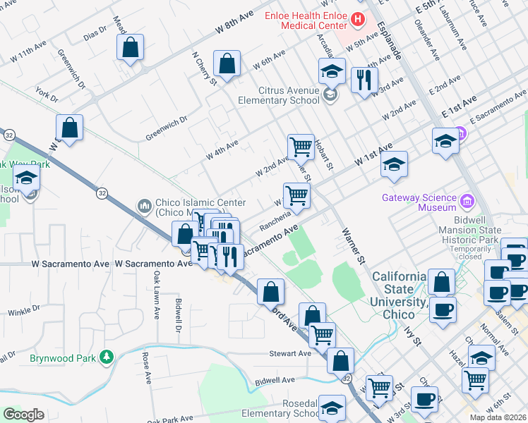 map of restaurants, bars, coffee shops, grocery stores, and more near West 1st Avenue & Klondike Court in Chico
