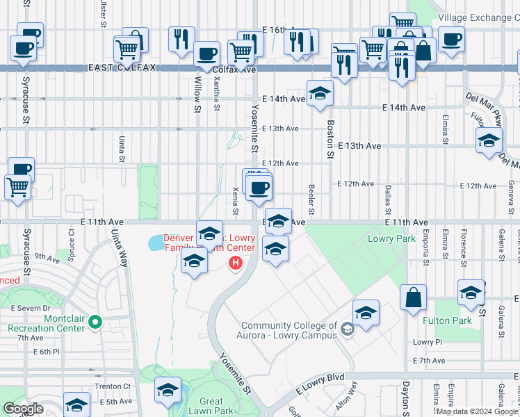 map of restaurants, bars, coffee shops, grocery stores, and more near 1124 Yosemite Street in Denver