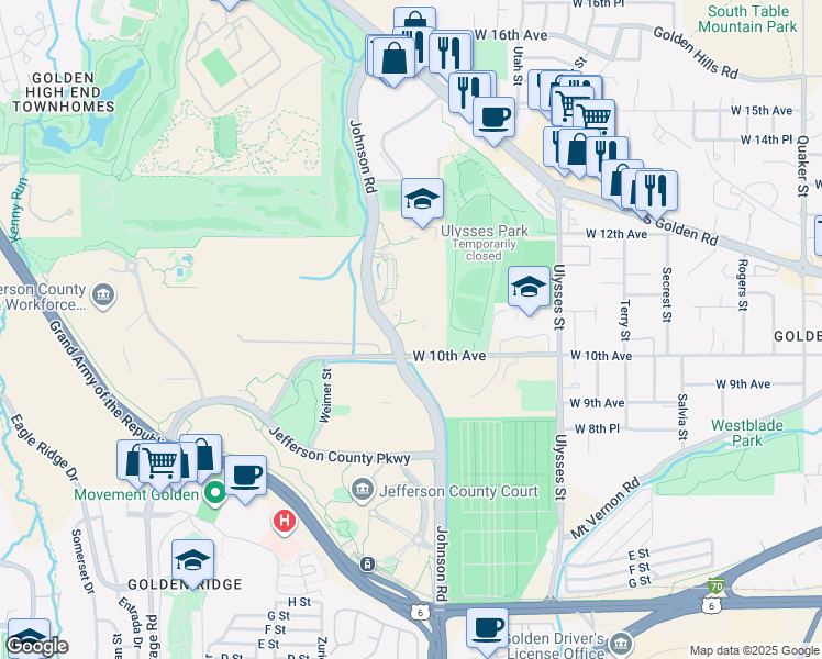 map of restaurants, bars, coffee shops, grocery stores, and more near 1010 Johnson Road in Golden