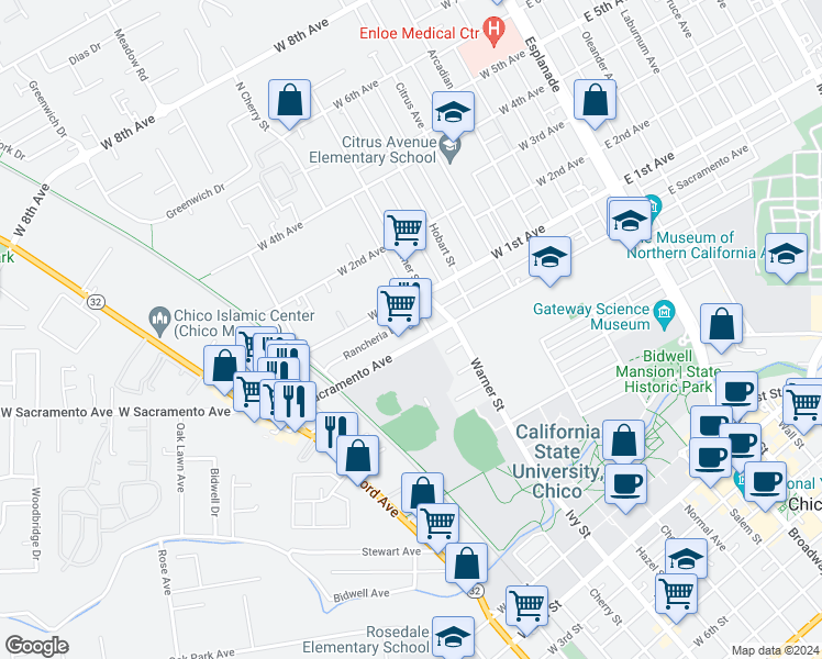 map of restaurants, bars, coffee shops, grocery stores, and more near 609 Rancheria Drive in Chico