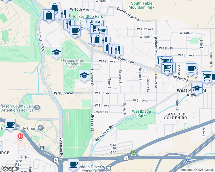 map of restaurants, bars, coffee shops, grocery stores, and more near 1045 Terry Street in Golden