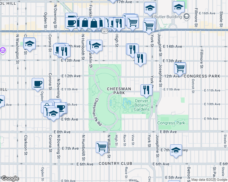 map of restaurants, bars, coffee shops, grocery stores, and more near in Denver