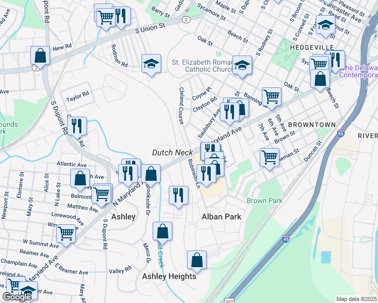 map of restaurants, bars, coffee shops, grocery stores, and more near 1564 Clayton Road in Wilmington