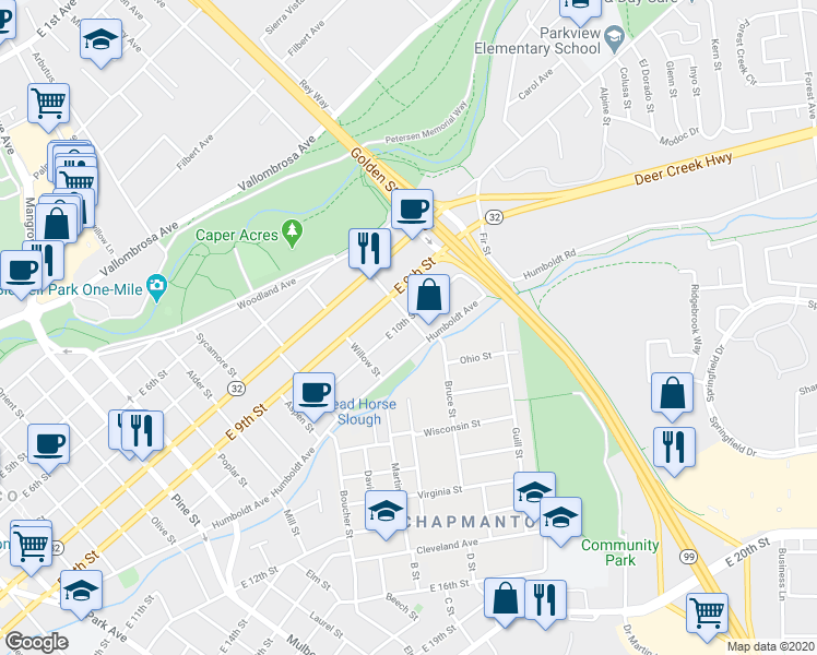 map of restaurants, bars, coffee shops, grocery stores, and more near 1295 East 10th Street in Chico