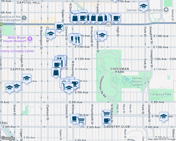 map of restaurants, bars, coffee shops, grocery stores, and more near 1061 Humboldt Street in Denver