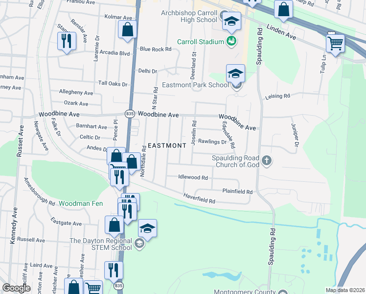map of restaurants, bars, coffee shops, grocery stores, and more near 1622 Seabrook Road in Dayton
