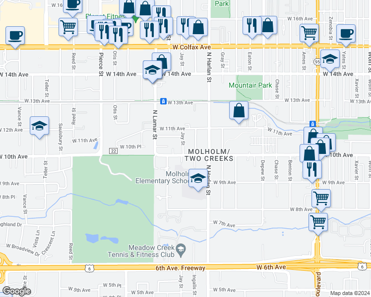 map of restaurants, bars, coffee shops, grocery stores, and more near 1020 Jay Street in Lakewood