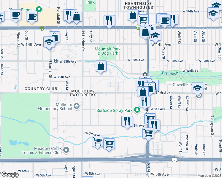 map of restaurants, bars, coffee shops, grocery stores, and more near 5642 West 10th Place in Lakewood