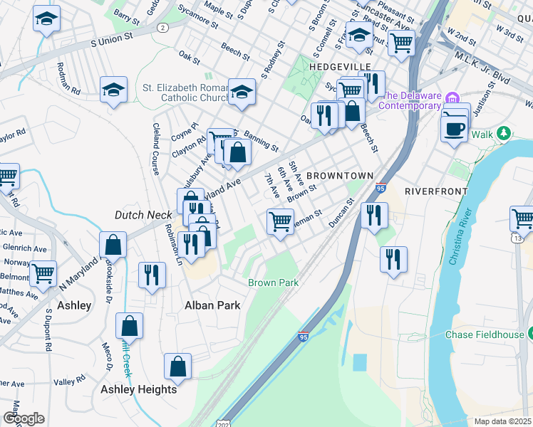 map of restaurants, bars, coffee shops, grocery stores, and more near 200 8th Avenue in Wilmington