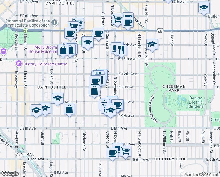 map of restaurants, bars, coffee shops, grocery stores, and more near 1075 Corona Street in Denver