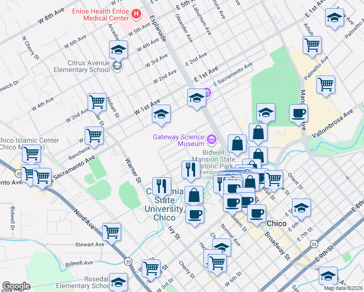 map of restaurants, bars, coffee shops, grocery stores, and more near 302 West Frances Willard Avenue in Chico