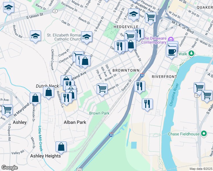 map of restaurants, bars, coffee shops, grocery stores, and more near 227 7th Avenue in Wilmington