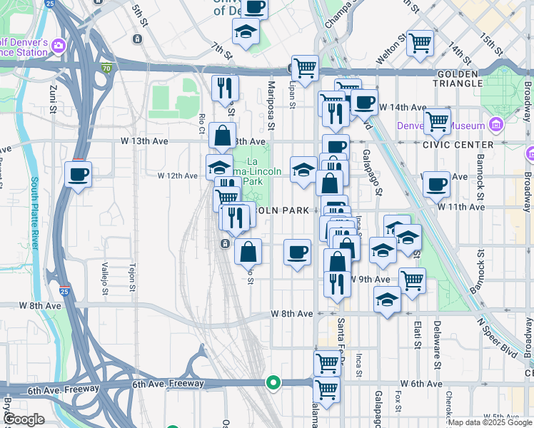 map of restaurants, bars, coffee shops, grocery stores, and more near 1063 Mariposa Street in Denver