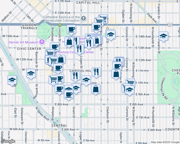 map of restaurants, bars, coffee shops, grocery stores, and more near in Denver