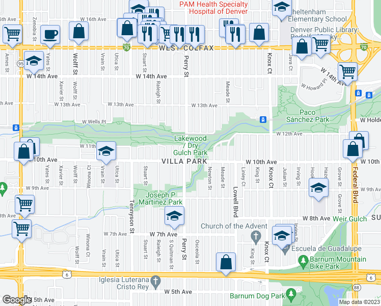 map of restaurants, bars, coffee shops, grocery stores, and more near 1026 Perry Street in Denver