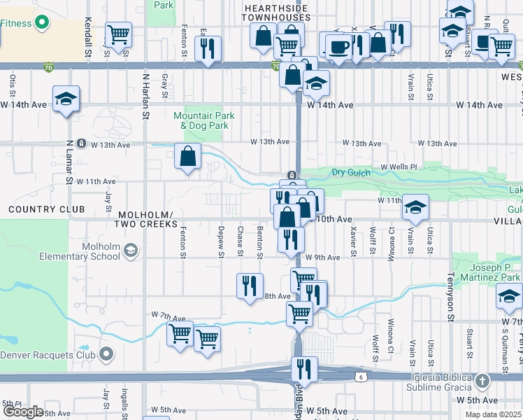 map of restaurants, bars, coffee shops, grocery stores, and more near 5375 West 10th Avenue in Denver