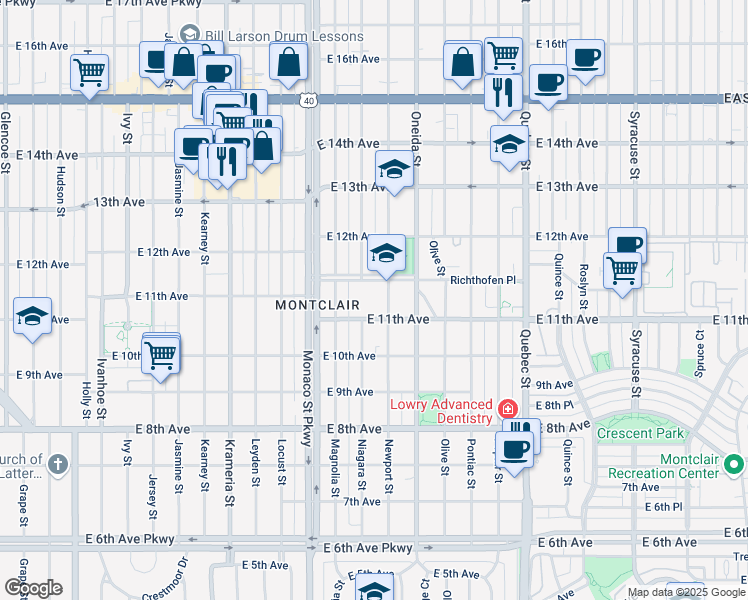 map of restaurants, bars, coffee shops, grocery stores, and more near 1151 Newport Street in Denver