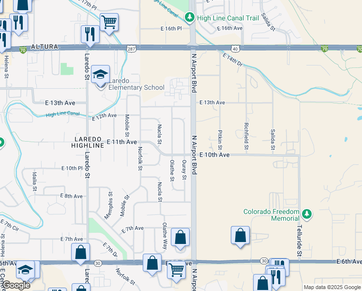map of restaurants, bars, coffee shops, grocery stores, and more near 1124 Olathe Street in Aurora