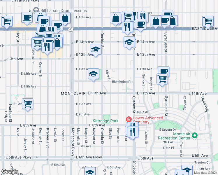 map of restaurants, bars, coffee shops, grocery stores, and more near 1125 Olive Street in Denver