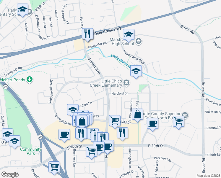 map of restaurants, bars, coffee shops, grocery stores, and more near 2052 Hartford Drive in Chico