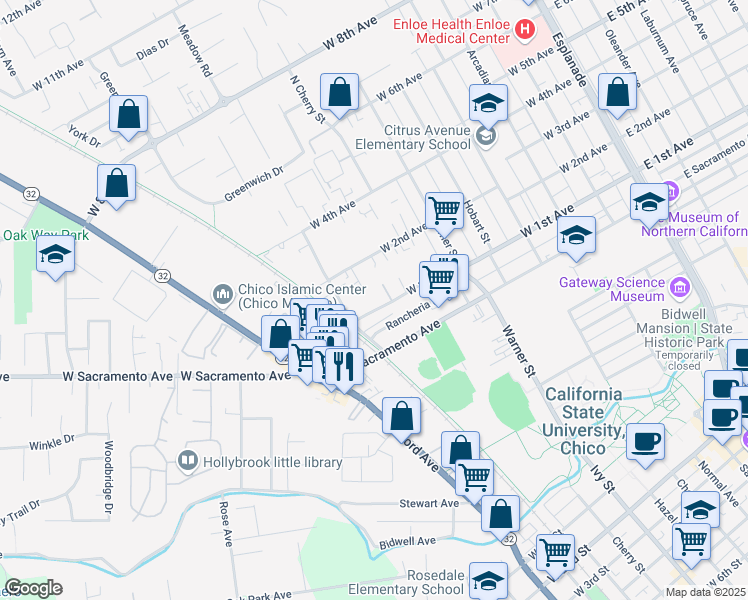 map of restaurants, bars, coffee shops, grocery stores, and more near 806 West 1st Avenue in Chico