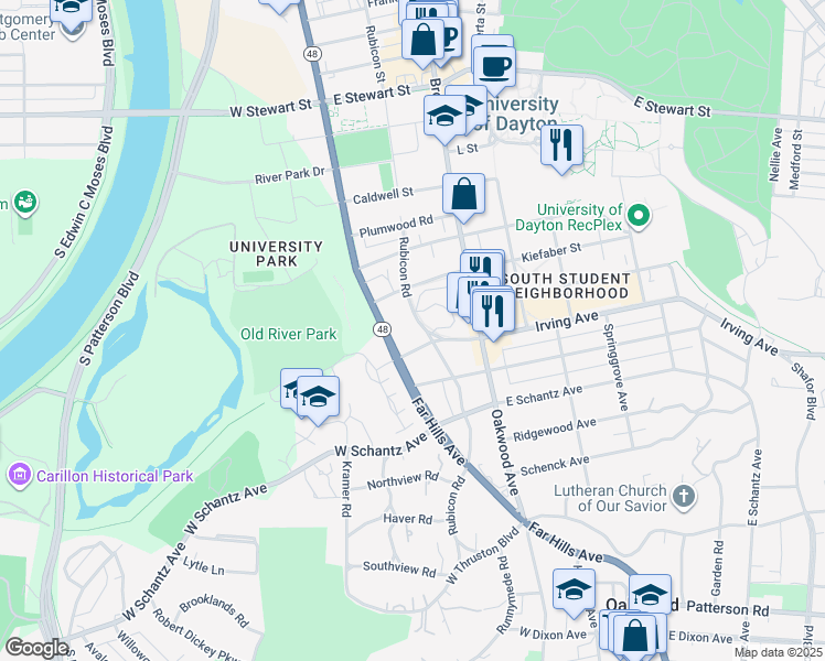 map of restaurants, bars, coffee shops, grocery stores, and more near 1139 Rubicon Road in Dayton