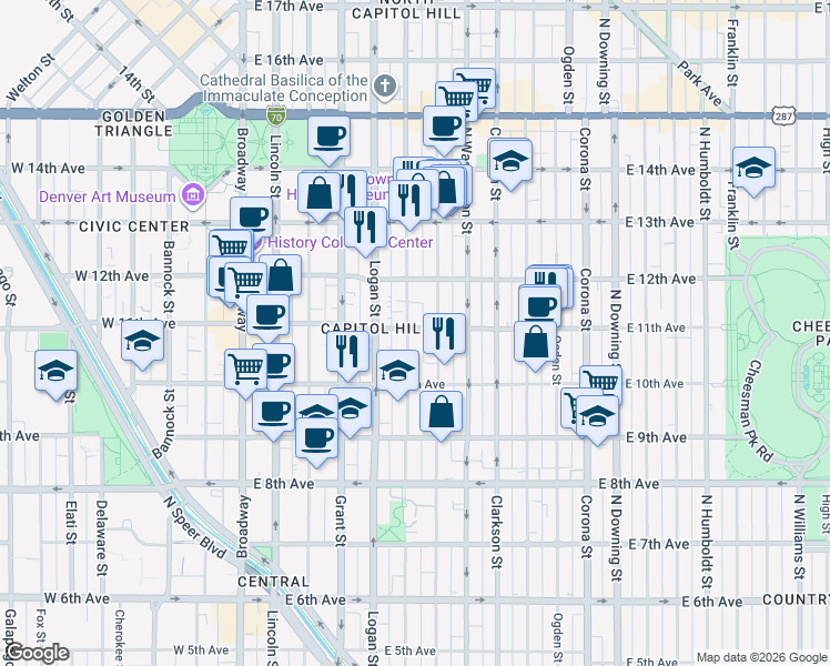 map of restaurants, bars, coffee shops, grocery stores, and more near in Denver