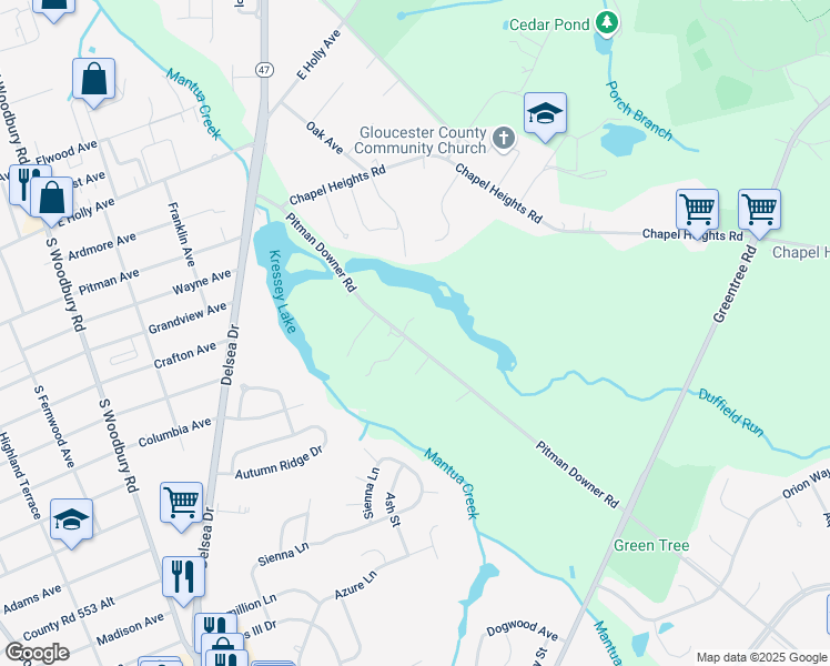 map of restaurants, bars, coffee shops, grocery stores, and more near 138 Pitman Downer Road in Washington Township