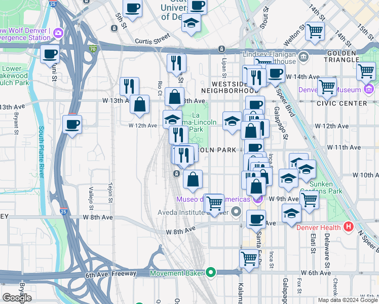 map of restaurants, bars, coffee shops, grocery stores, and more near 1342 West 11th Avenue in Denver