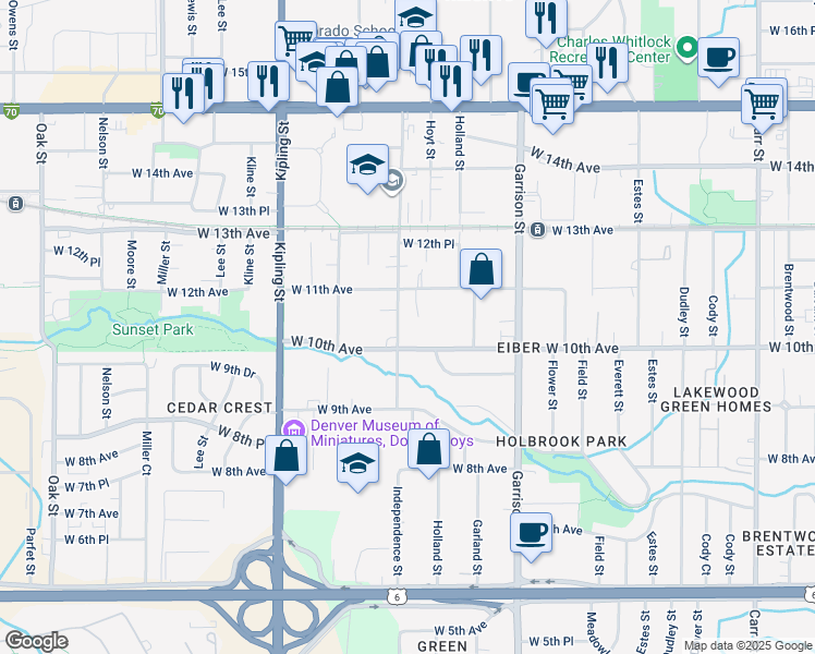 map of restaurants, bars, coffee shops, grocery stores, and more near 1025 Independence Street in Lakewood