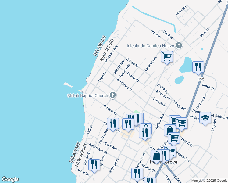 map of restaurants, bars, coffee shops, grocery stores, and more near 34 Franklin Street in Penns Grove