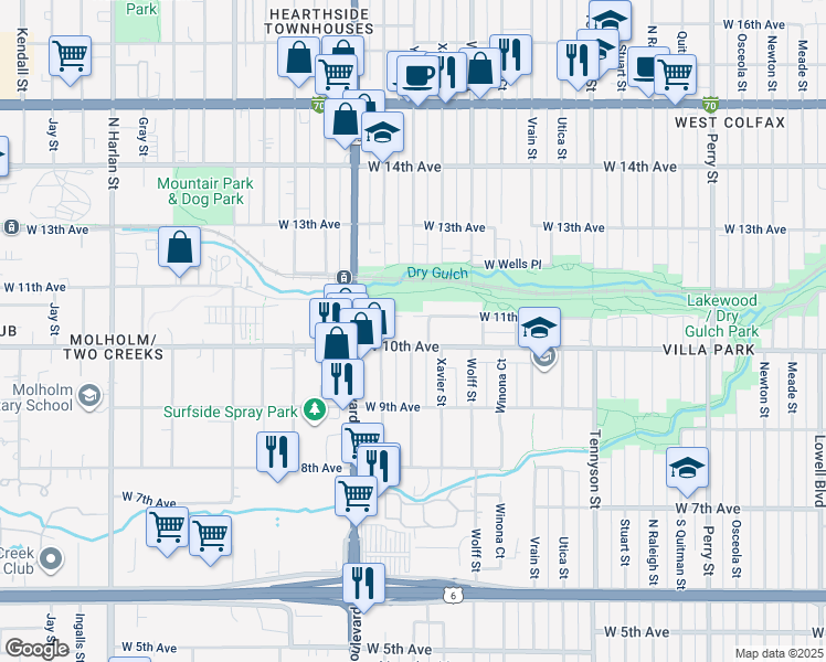map of restaurants, bars, coffee shops, grocery stores, and more near 5025 West 10th Avenue in Denver