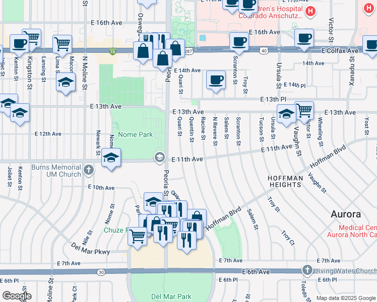 map of restaurants, bars, coffee shops, grocery stores, and more near 1129 Quentin Street in Aurora