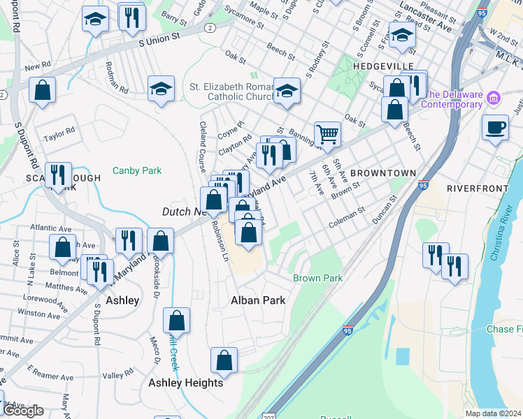 map of restaurants, bars, coffee shops, grocery stores, and more near 9 Yale Road in Wilmington
