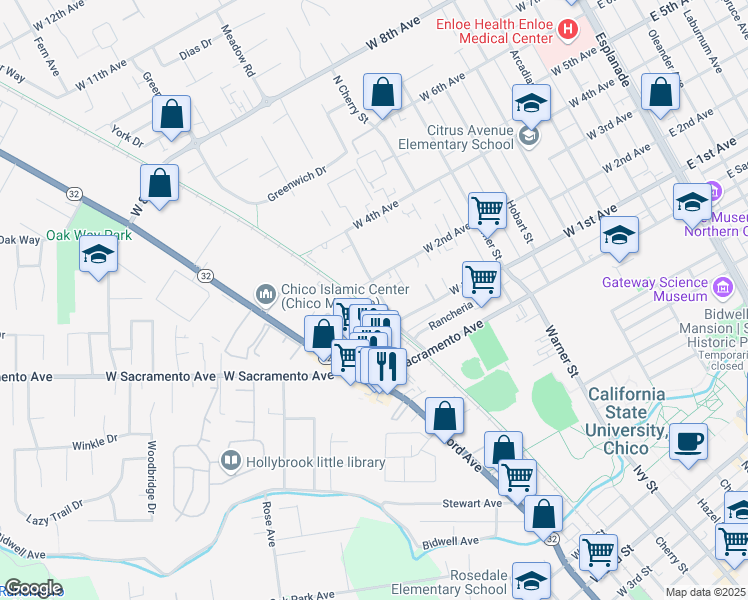 map of restaurants, bars, coffee shops, grocery stores, and more near 1143 North Cedar Street in Chico