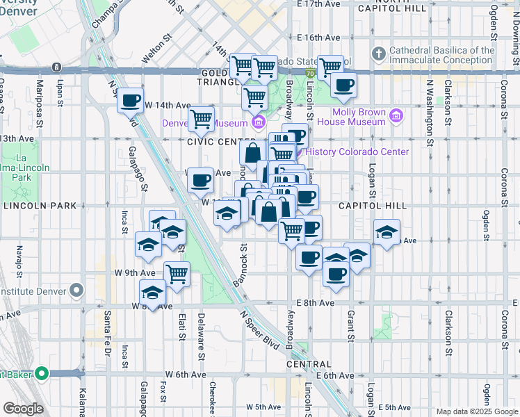 map of restaurants, bars, coffee shops, grocery stores, and more near 128 West 11th Avenue in Denver