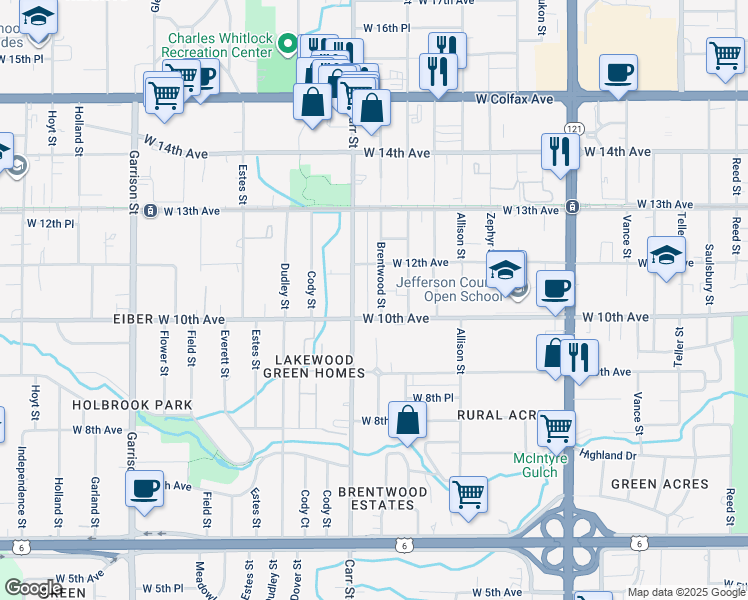 map of restaurants, bars, coffee shops, grocery stores, and more near 1015 Brentwood Street in Lakewood