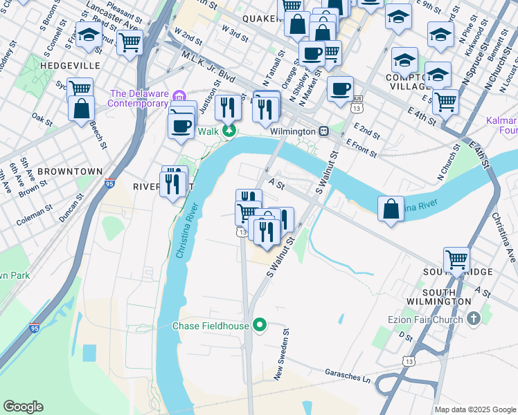 map of restaurants, bars, coffee shops, grocery stores, and more near 340 South Market Street in Wilmington