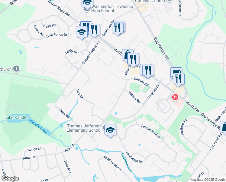 map of restaurants, bars, coffee shops, grocery stores, and more near 8 Altair Court in Washington Township