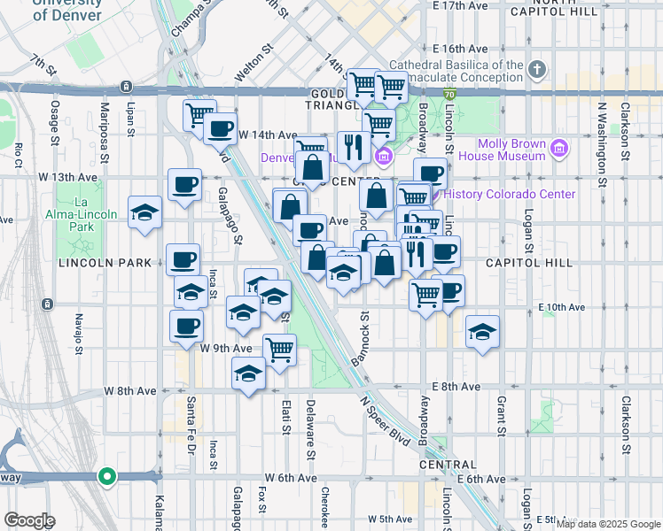 map of restaurants, bars, coffee shops, grocery stores, and more near 1062 Delaware Street in Denver