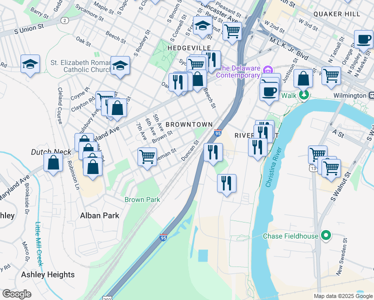 map of restaurants, bars, coffee shops, grocery stores, and more near 933 Duncan Street in Wilmington