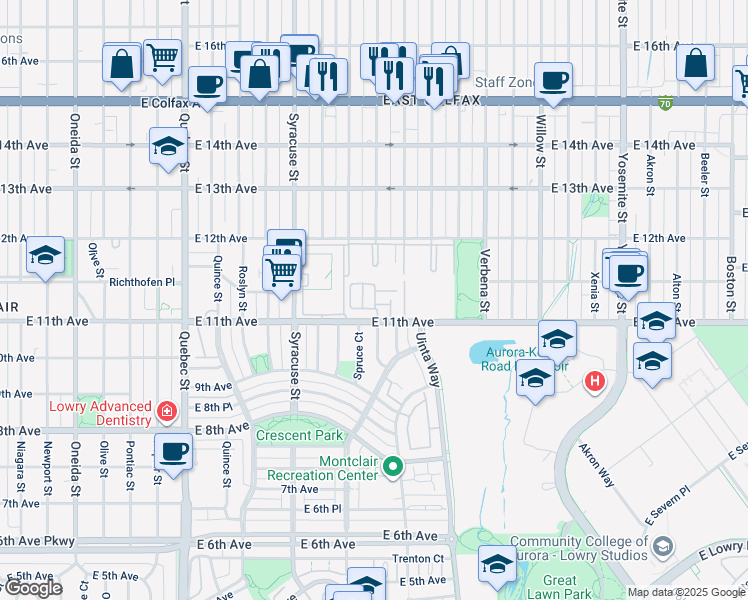 map of restaurants, bars, coffee shops, grocery stores, and more near 8000 East 11th Avenue in Denver