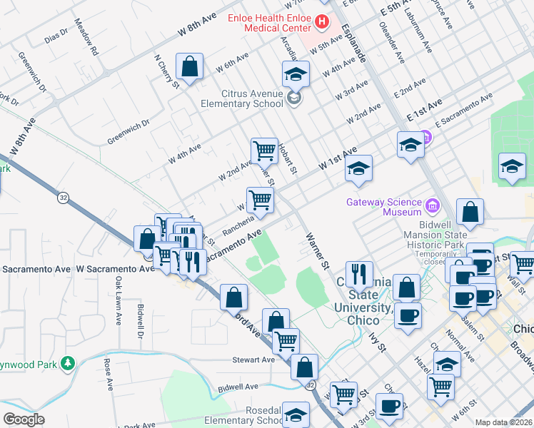 map of restaurants, bars, coffee shops, grocery stores, and more near 613 Rancheria Drive in Chico