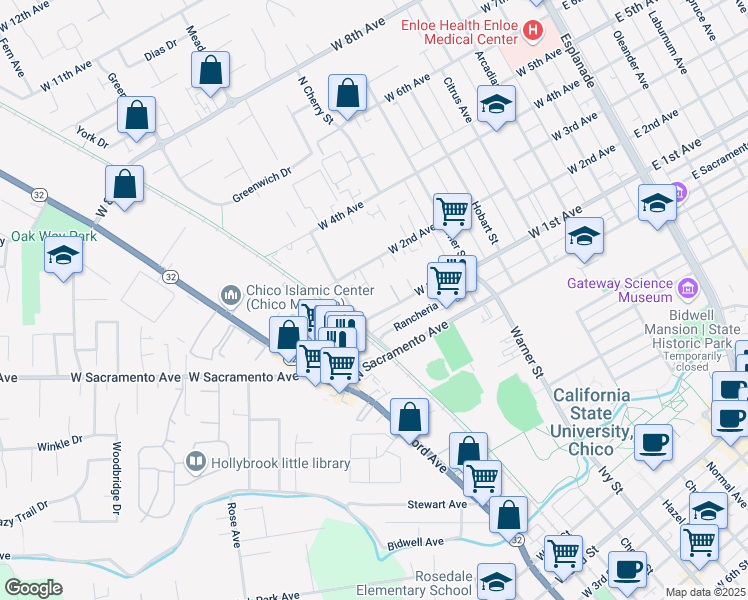 map of restaurants, bars, coffee shops, grocery stores, and more near 806 West 1st Avenue in Chico