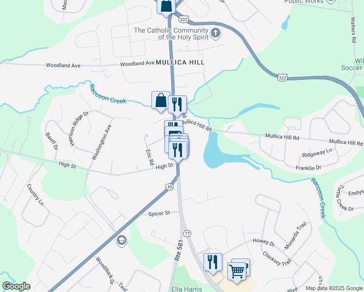 map of restaurants, bars, coffee shops, grocery stores, and more near 25 South Main Street in Harrison Township