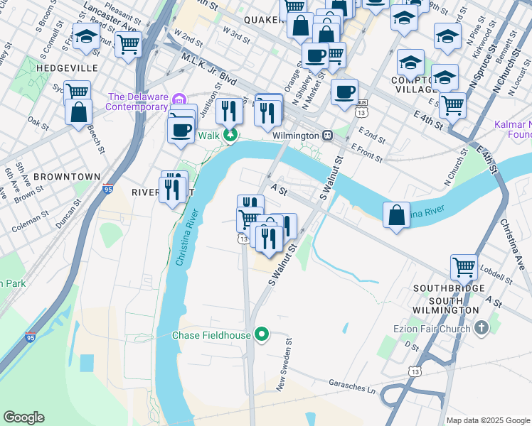 map of restaurants, bars, coffee shops, grocery stores, and more near 340 South Market Street in Wilmington